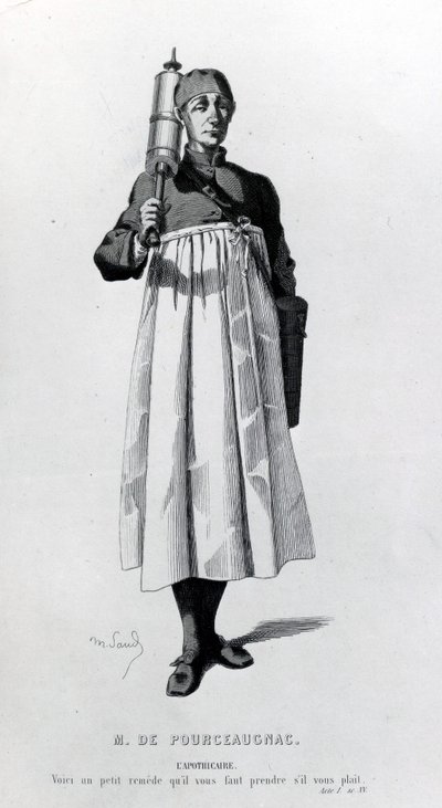 O Boticário vem com uma seringa para Monsieur de Pourceaugnac, tirada de &39;Oeuvres completes de Molière&39;, 1669 de Maurice Sand